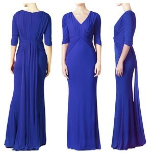 Badgley Mischka Layla Blue‎ Ruched V-neck Formal Dress Women’s Size 8 $695 NWT
